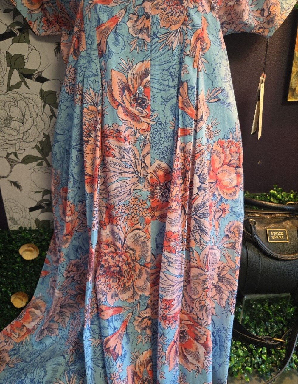 Pleated Floral Riot Shirt Dress By Nicole Miller -Bat Wing Style Sleeves - Sz 10 - Picture 6 of 10